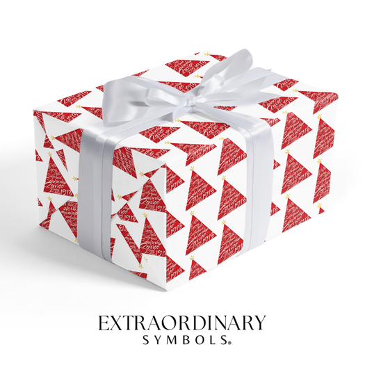 Gift box wrapped in white paper with a repeating red triangle pattern spelled out by Scholarship Service Zeta 1912, dotted with small gold stars and tied with a silver satin ribbon and bow on a white background