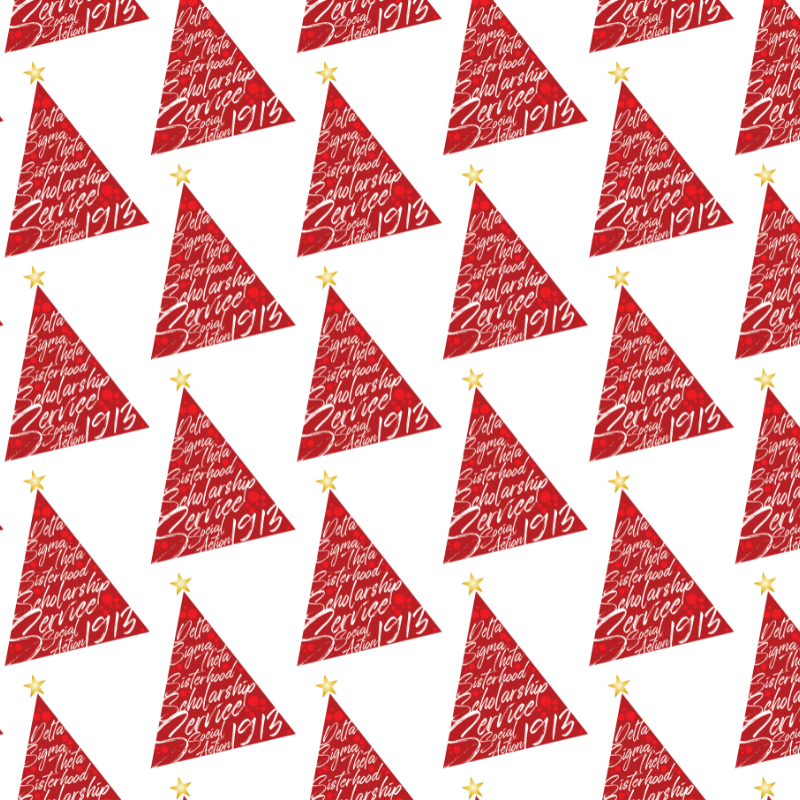 Digital illustration pattern of repeating red Christmas tree shapes, each with a gold star and white text reading Delta Sigma Theta Sisterhood Scholarship Service Social Action 1913