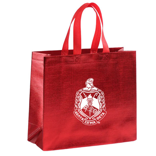 Non-woven reusable tote bag in a shiny metallic red, prominently displaying the white Delta Sigma Theta Sorority crest. DST crossing gifts