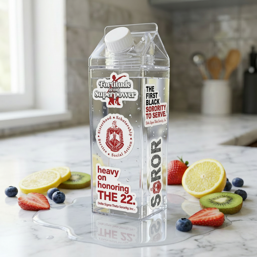 Clear water bottle with Delta stickers branding on a kitchen counter with fruits