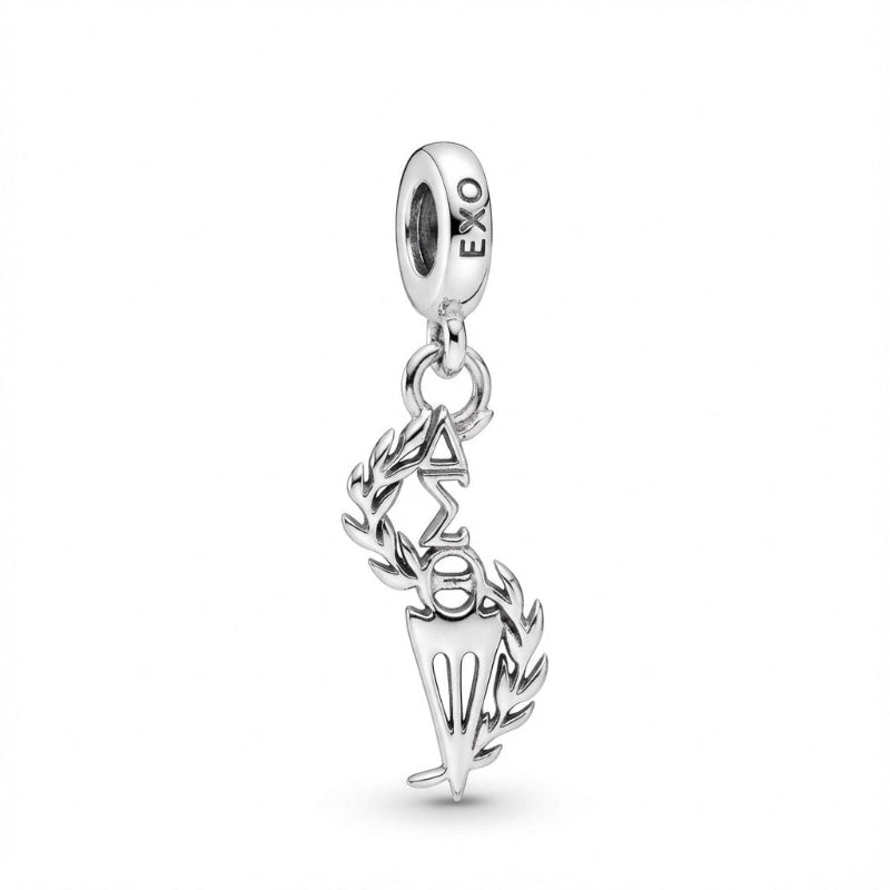 Silver charm with 'EXO' and laurel wreath design on a white background. Delta Torch. Intelligence is the torch of wisdom. Gratia Pearl Kiffany Charm